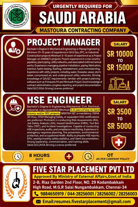 Saudi Arabia Jobs 2026: Urgent Vacancies at Mastoura Contracting Company