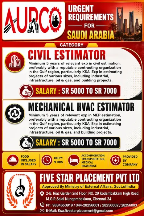 Urgent Saudi Arabia Job Vacancies 2026 – Civil Estimator & Mechanical HVAC Estimator