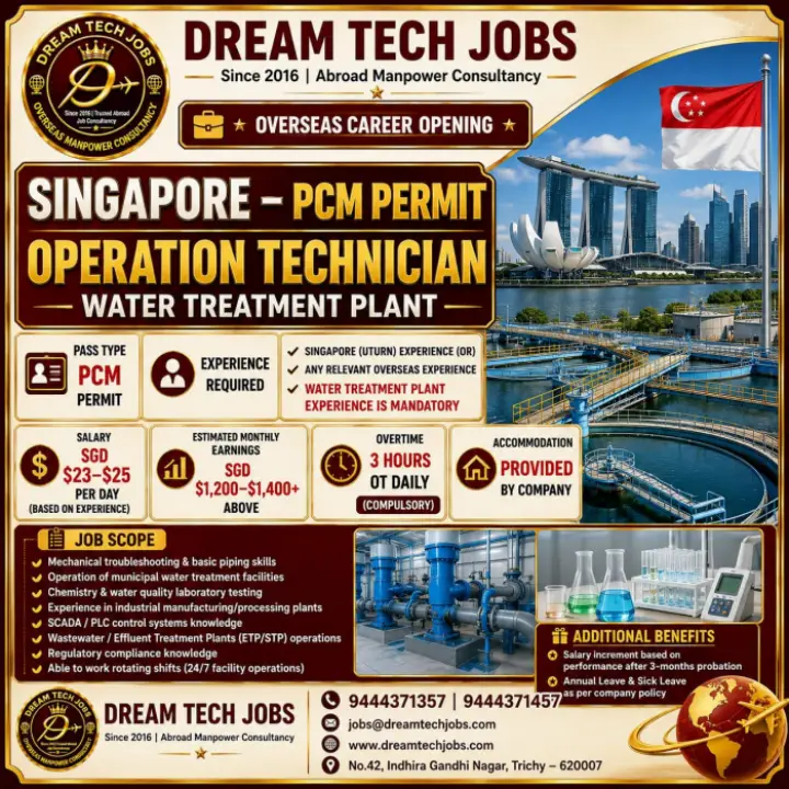 Singapore PCM Permit Operation Technician Jobs – Water Treatment Plant | 2026