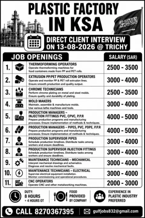 Plastic Factory Jobs in Saudi Arabia 2026 – Direct Client Interview in Trichy