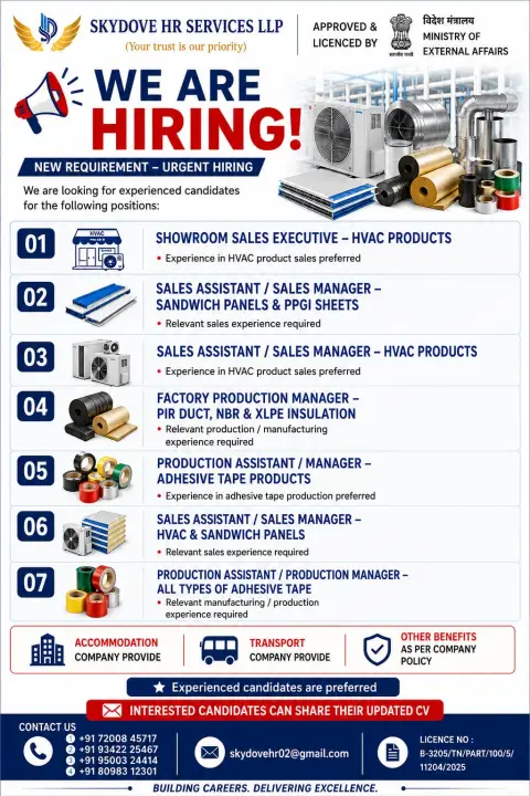 Urgent Hiring at Skydove HR Services LLP – HVAC, Sales & Production Jobs