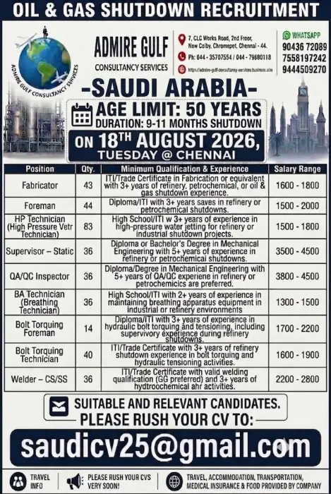 Saudi Arabia Oil & Gas Shutdown Recruitment 2026 – 368 Vacancies | Chennai Interview on August 18