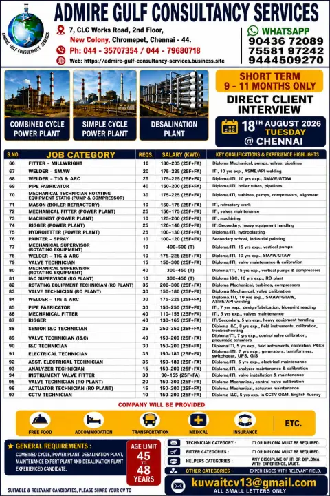 Kuwait Power Plant & Desalination Plant Jobs 2026 – Direct Client Interview in Chennai