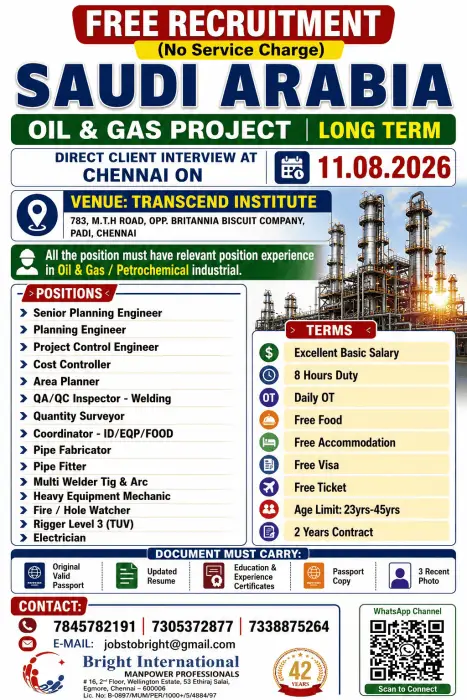 Saudi Arabia Oil & Gas Project Jobs 2026 – Free Recruitment in Chennai