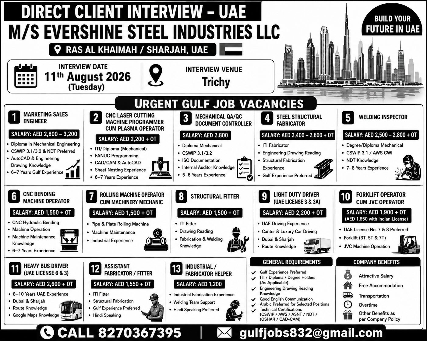 Urgent UAE Job Vacancies at Evershine Steel Industries LLC – Direct Client Interview in Trichy