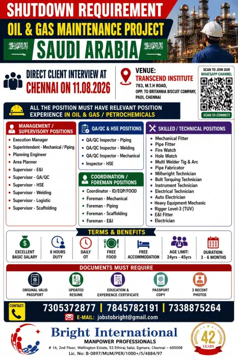 Saudi Arabia Shutdown Jobs 2026 – Oil & Gas Maintenance Project Recruitment in Chennai