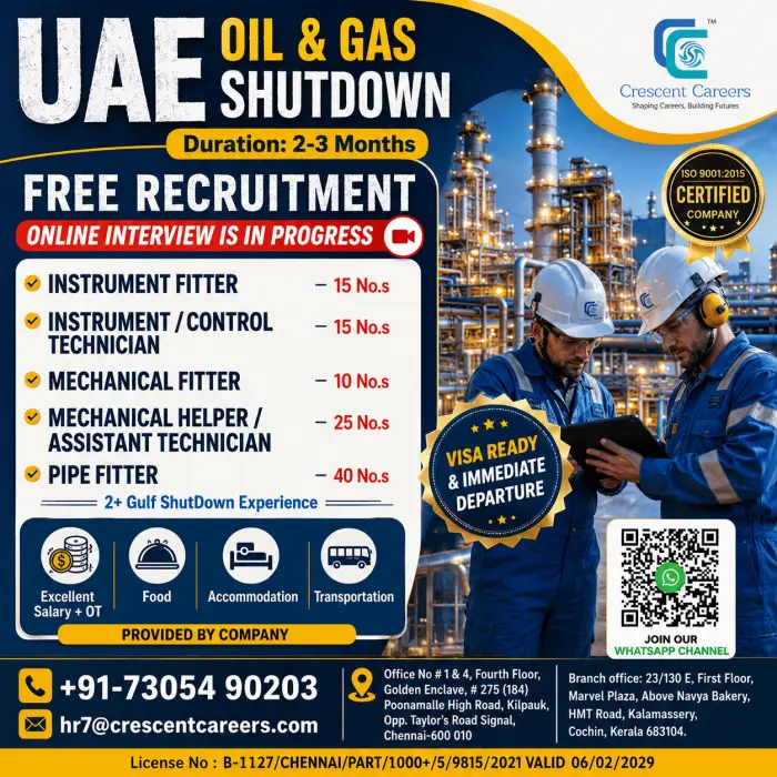 UAE Oil & Gas Shutdown Jobs 2026 – Free Recruitment for 105 Vacancies