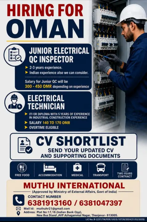 Oman Jobs 2026: Junior Electrical QC Inspector and Electrical Technician Vacancies