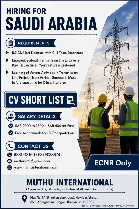 Saudi Arabia Transmission Line Engineer Jobs 2026 – Muthu International Recruitment