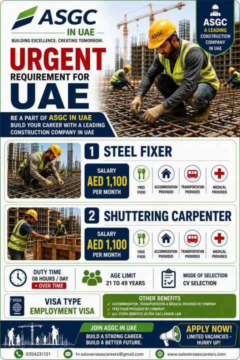ASGC UAE Urgent Recruitment 2026 – Steel Fixer & Shuttering Carpenter Jobs