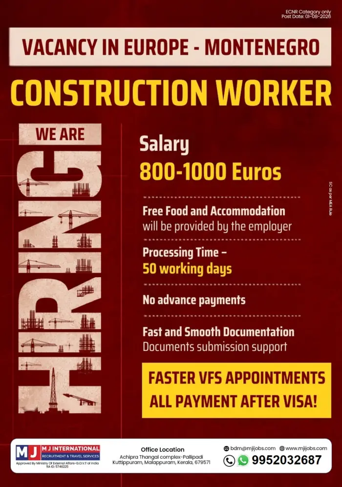 Montenegro Construction Worker Jobs 2026 – Salary €800–€1,000, Free Food & Accommodation