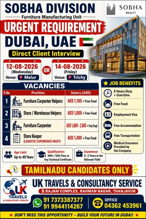 Sobha Division Dubai Jobs 2026: Urgent Vacancies for Furniture Carpenters, Store Keepers & Helpers