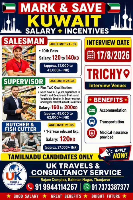 Kuwait Jobs 2026: Salesman, Supervisor, Butcher & Fish Cutter Vacancies for Tamil Nadu Candidates