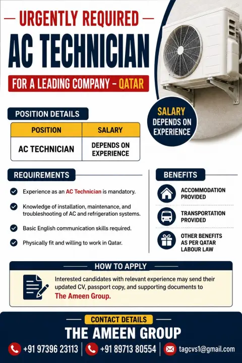 AC Technician Jobs in Qatar 2026 – Urgent Vacancy with Accommodation & Transportation
