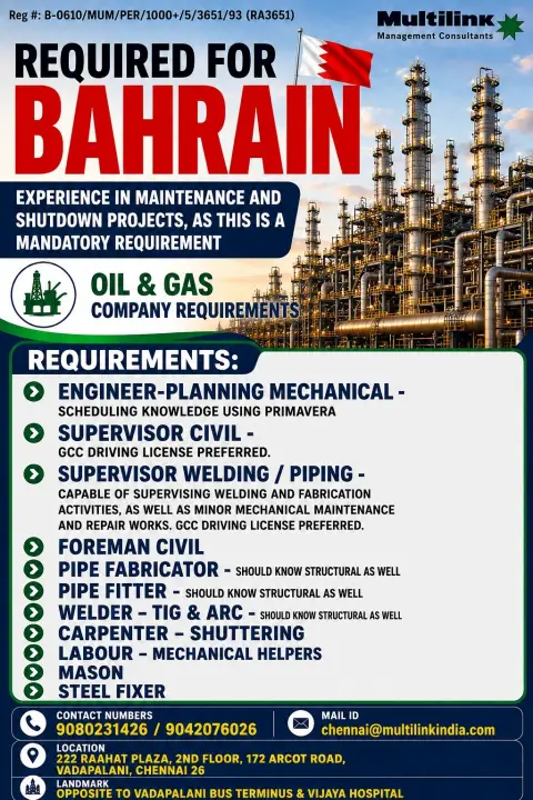 Bahrain Oil & Gas Jobs 2026 – Multilink Management Consultants Recruitment for Maintenance & Shutdown Projects
