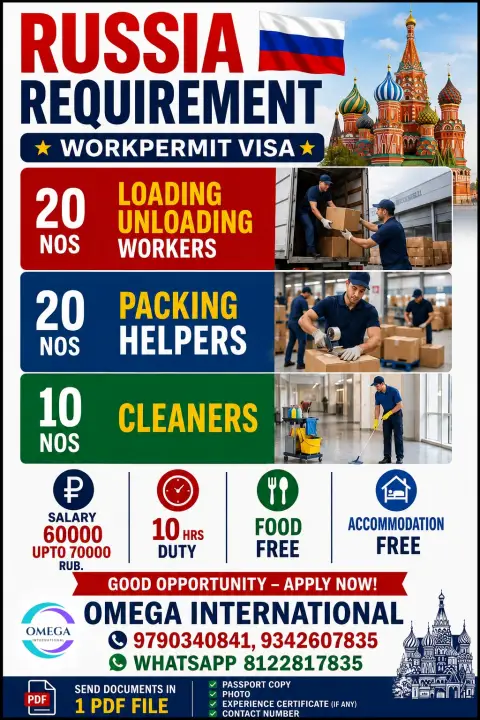 Russia Work Permit Visa Jobs 2026: Loading, Unloading, Packing Helpers & Cleaners Vacancy