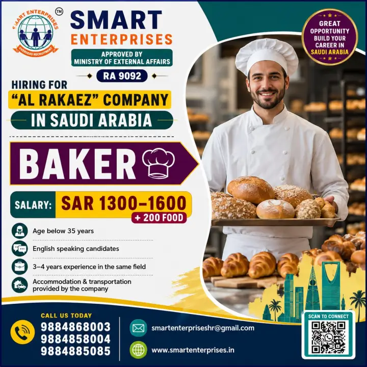 Saudi Arabia Baker Jobs 2026 – Al Rakez Company Hiring Bakers with SAR 1,300–1,600 Salary