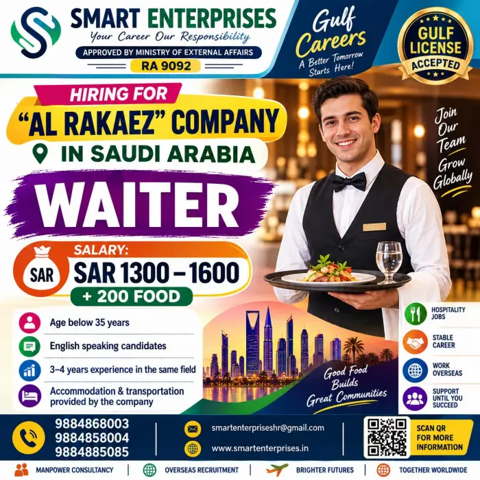 Saudi Arabia Jobs 2026: Al Rakaez Company Hiring Waiters with SAR 1,300–1,600 Salary