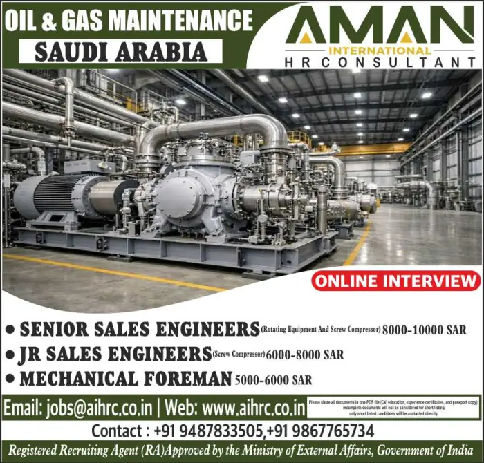 Saudi Arabia Oil & Gas Maintenance Jobs 2026 – Senior Sales Engineers, Junior Sales Engineers & Mechanical Foreman