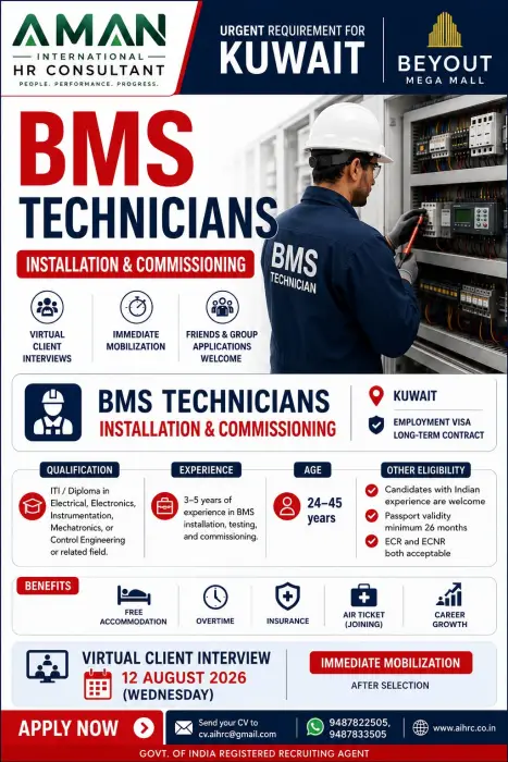 Kuwait BMS Technician Jobs 2026 – Urgent Recruitment for Installation & Commissioning