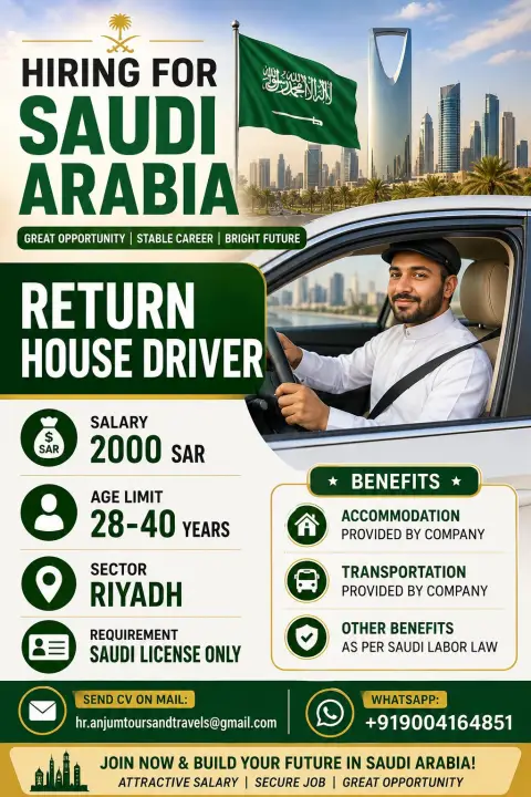 Saudi Arabia Return House Driver Jobs 2026 – Riyadh Vacancy with SAR 2,000 Salary