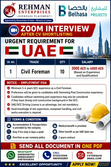 UAE Civil Foreman Jobs 2026 – Belhasa Projects | 3000–4000 AED Salary