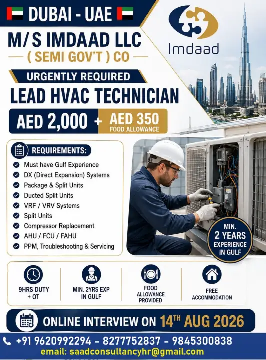 Lead HVAC Technician Jobs in Dubai, UAE – Imdaad LLC | AED 2,000+ Salary