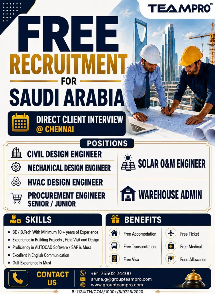 Saudi Arabia Free Recruitment 2026 – Engineering & Warehouse Jobs | Direct Client Interview in Chennai