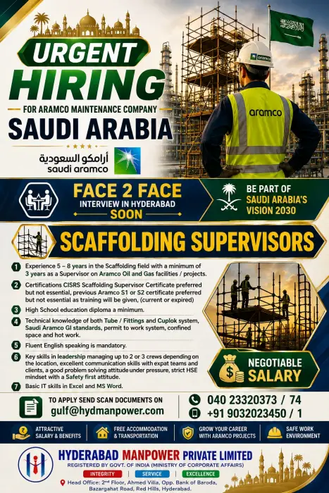 Saudi Arabia Scaffolding Supervisor Jobs 2026 – Urgent Aramco Maintenance Recruitment