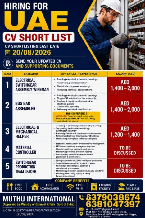 UAE Electrical Jobs 2026: Switchgear, Bus Bar & Production Vacancies