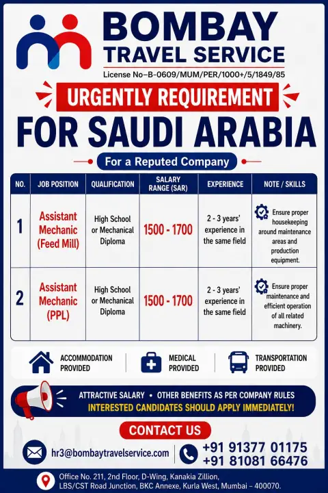 Saudi Arabia Jobs 2026: Assistant Mechanic Vacancies for Feed Mill and PPL