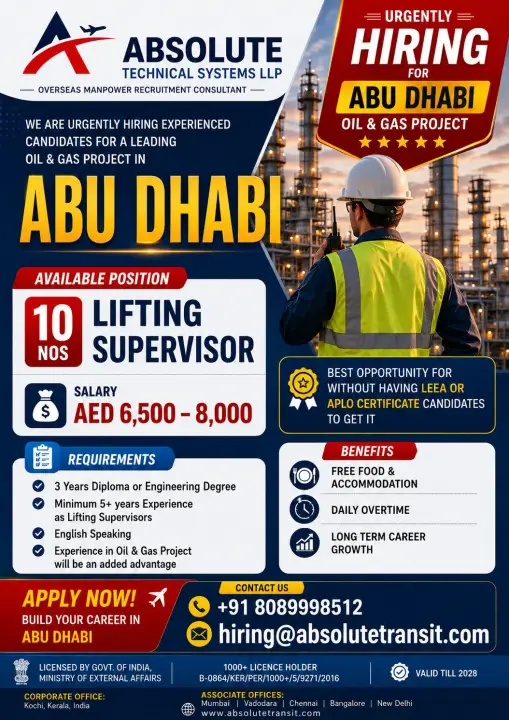 Lifting Supervisor Jobs in Abu Dhabi 2026 – Oil & Gas Project Vacancy