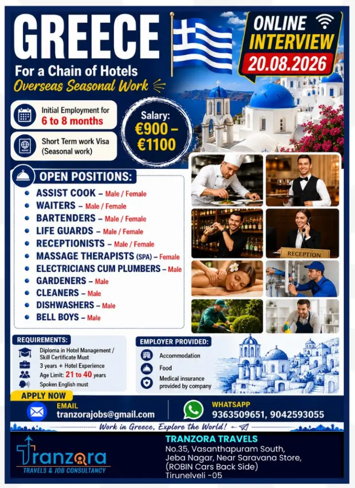 Greece Hotel Jobs 2026: Seasonal Work Opportunities with Online Interview on 20 August