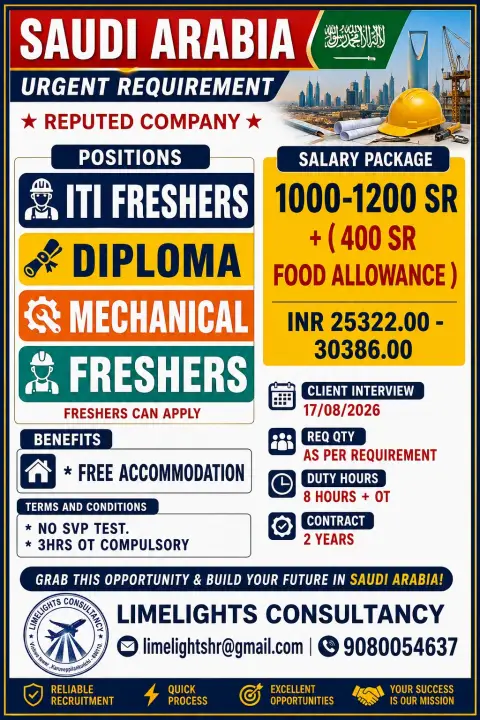 Saudi Arabia ITI Freshers and Diploma Mechanical Jobs 2026 – Urgent Recruitment