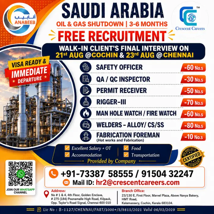 Saudi Arabia Oil & Gas Shutdown Jobs 2026 – Free Recruitment | Walk-In Interview in Kochi & Chennai
