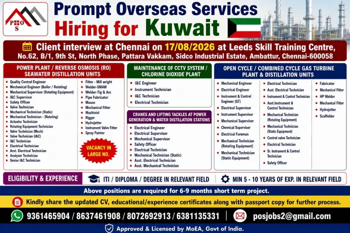 Kuwait Jobs 2026: Prompt Overseas Services Hiring for Power Plant, RO Plant, Gas Turbine & Maintenance Jobs