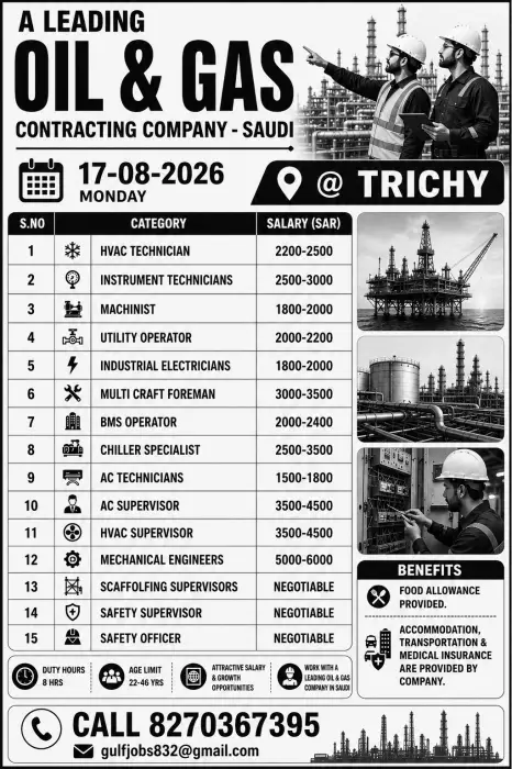 Saudi Arabia Oil & Gas Jobs 2026 – Walk-in Interview in Trichy