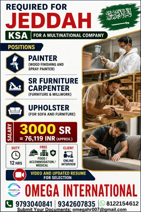 Jeddah Jobs 2026 – Painter, Senior Furniture Carpenter & Upholster Vacancies