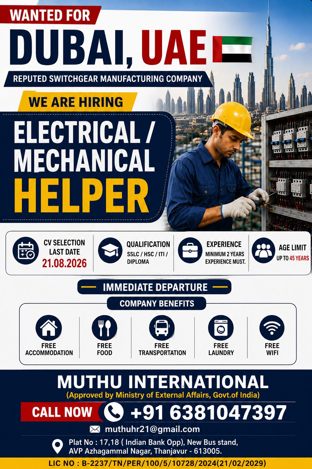 Dubai UAE Electrical / Mechanical Helper Jobs 2026 – Immediate Hiring