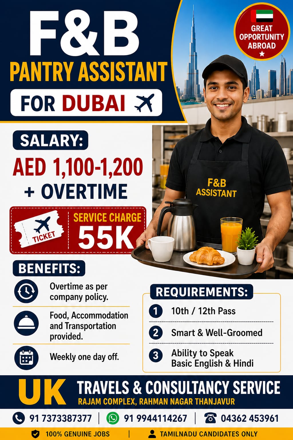 Dubai F&B Pantry Assistant Jobs 2026 – Salary AED 1,100–1,200 + Overtime