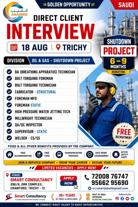 Saudi Arabia Oil & Gas Shutdown Project Jobs 2026 – Direct Client Interview in Trichy