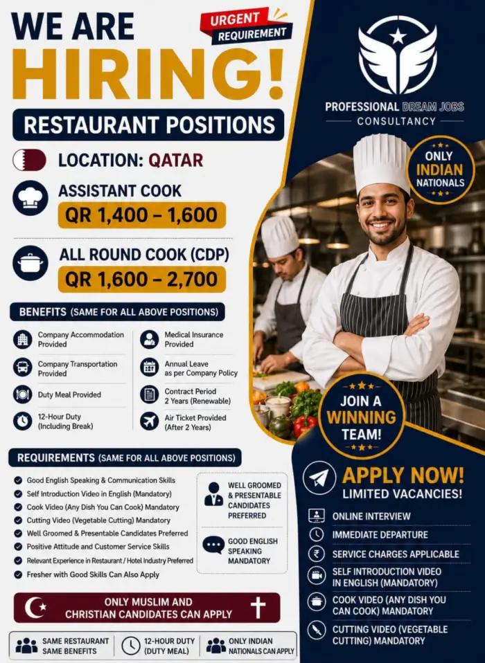 Qatar Restaurant Jobs 2026: Assistant Cook and All Round Cook Vacancies