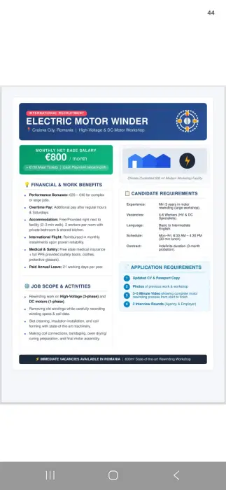 Electric Motor Winder Jobs in Romania 2026 – €800 Monthly Salary, Accommodation & Benefits