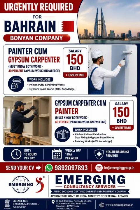 Bahrain Jobs 2026: Painter Cum Gypsum Carpenter Vacancies with 150 BHD Salary