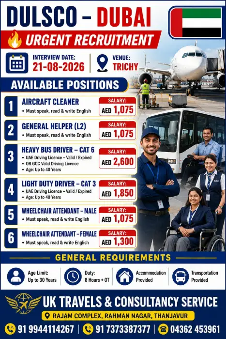 Dubai Urgent Recruitment 2026: Aircraft Cleaner, Driver & Wheelchair Attendant Vacancies