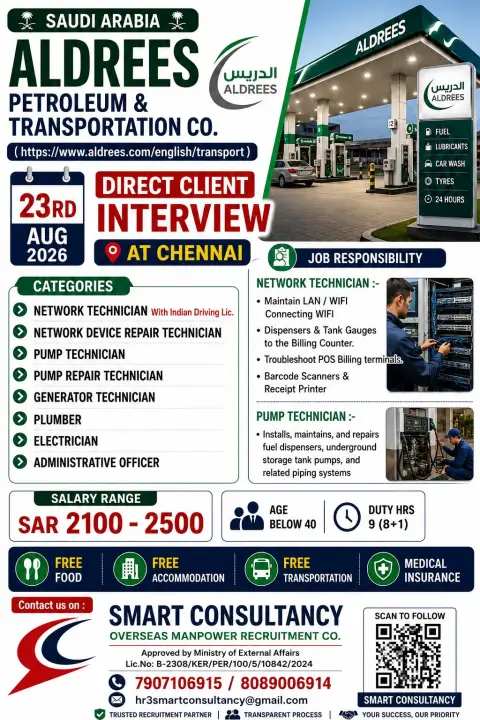Saudi Arabia Aldrees Petroleum & Transportation Jobs 2026 – Direct Client Interview in Chennai