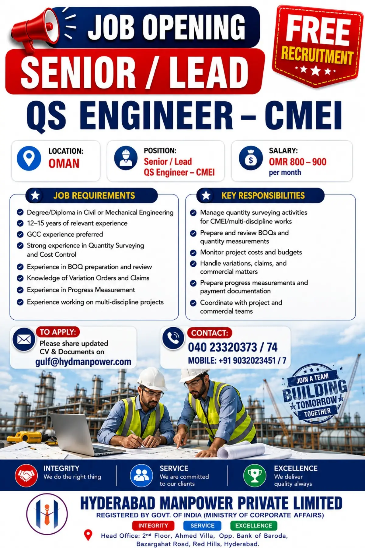 Senior / Lead QS Engineer – CMEI Jobs in Oman | OMR 800–900 Salary