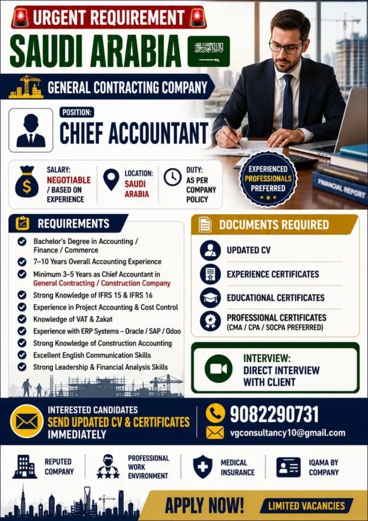 Chief Accountant Jobs in Saudi Arabia – Urgent Requirement for Experienced Accounting Professionals