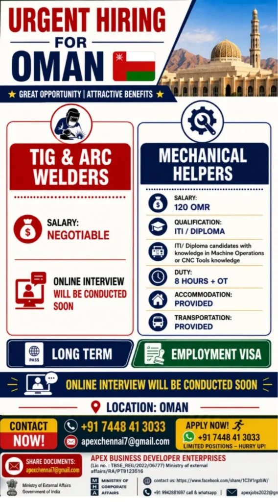 Urgent Hiring in Oman for TIG & ARC Welders and Mechanical Helpers – 2026 Job Opportunities