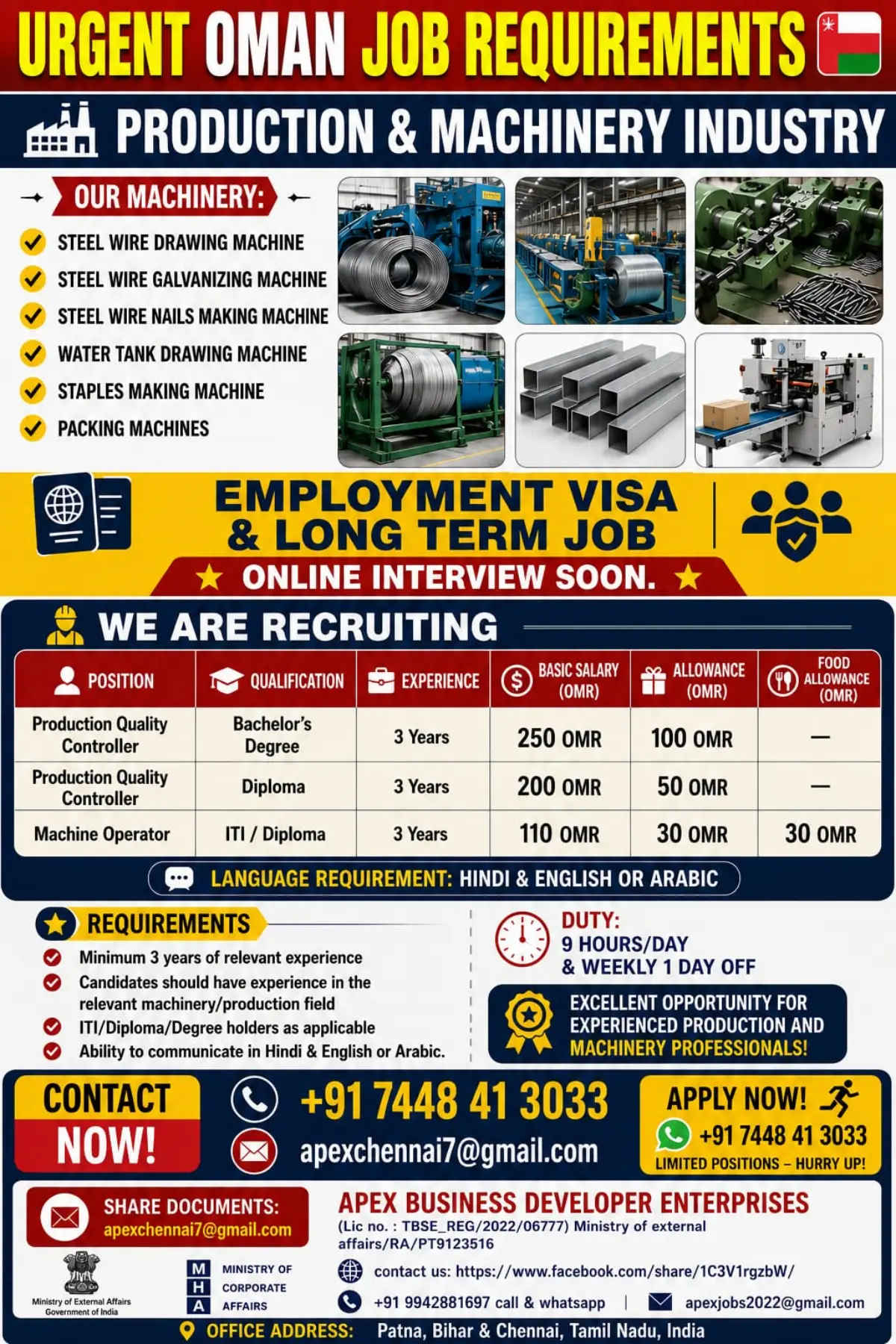 Urgent Oman Job Vacancies in Production & Machinery Industry – Salary, Eligibility and Application Details